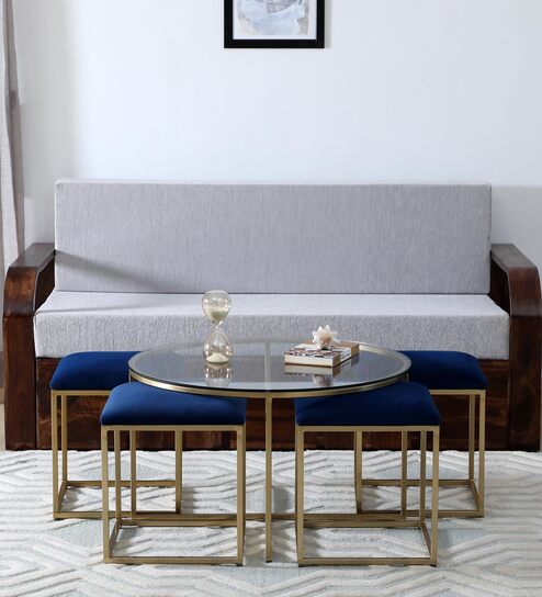Krenz Metal Nesting Coffee Table Set In Brass Finish With Glass Top