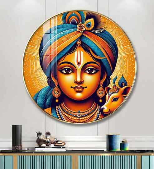 Krihna With Cow Acrylic Round Wall Art