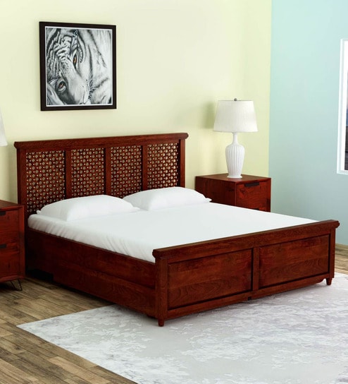 Buy Krisa Solid Wood King Size Bed With Drawer Storage In Honey Oak Finish By Mudramark Online