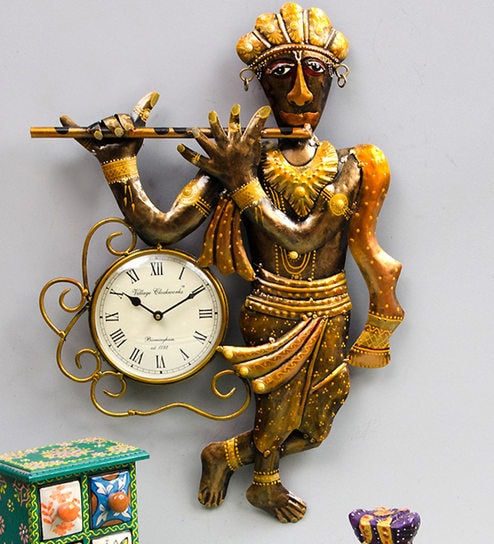 Brown Iron Krishna Traditional Wall Clock