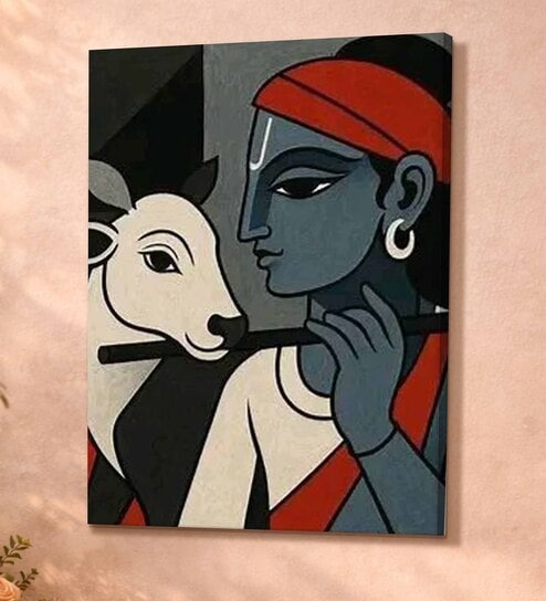 Krishna Ji Kalighat Stretched Canvas Painting