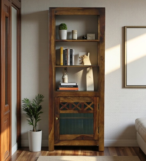 Kryss N Sheesham Wood Tall Bookshelf In Scratch Resistant Provincial Teak Finish