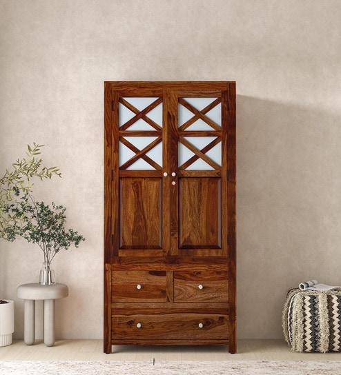 Kryss Sheesham Wood 2 Door Wardrobe In Scratch Resistant Provincial Teak Finish With Drawer