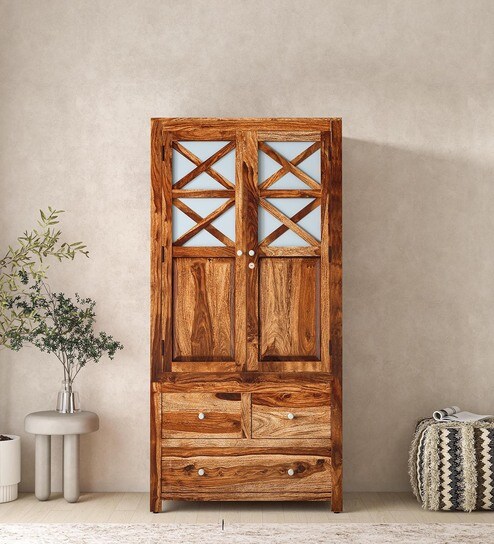 Kryss Sheesham Wood 2 Door Wardrobe In Scratch Resistant Rustic Teak Finish With Drawer