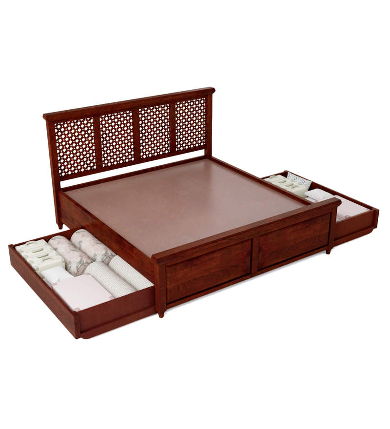 Buy Krisa Solid Wood King Size Bed With Drawer Storage In Honey Oak Finish By Mudramark Online