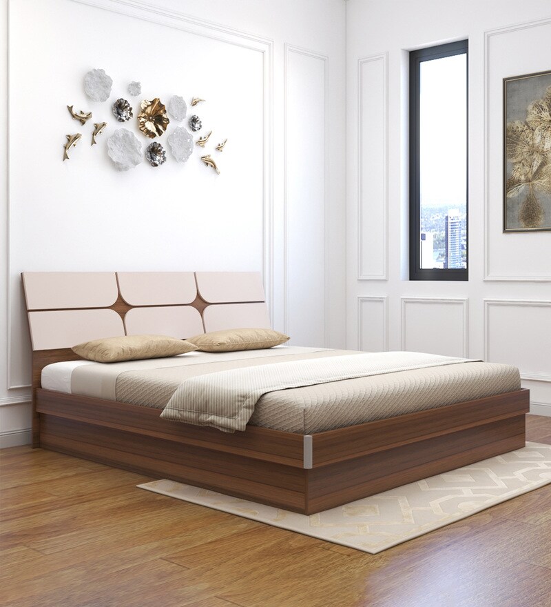 Buy Kruger King Size Bed in Teak Finish with Hydraulic Storage by Neudot Online Contemporary