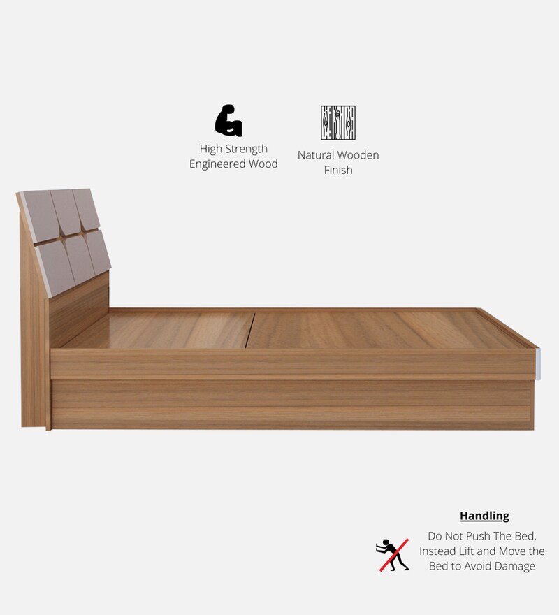 Buy Kruger King Size Bed in Teak Finish with Hydraulic Storage by Neudot Online Contemporary