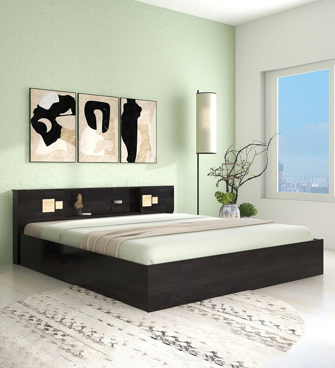 Buy Kumiko Queen Size Bed with Box Storage & Headboard Storage in Brown