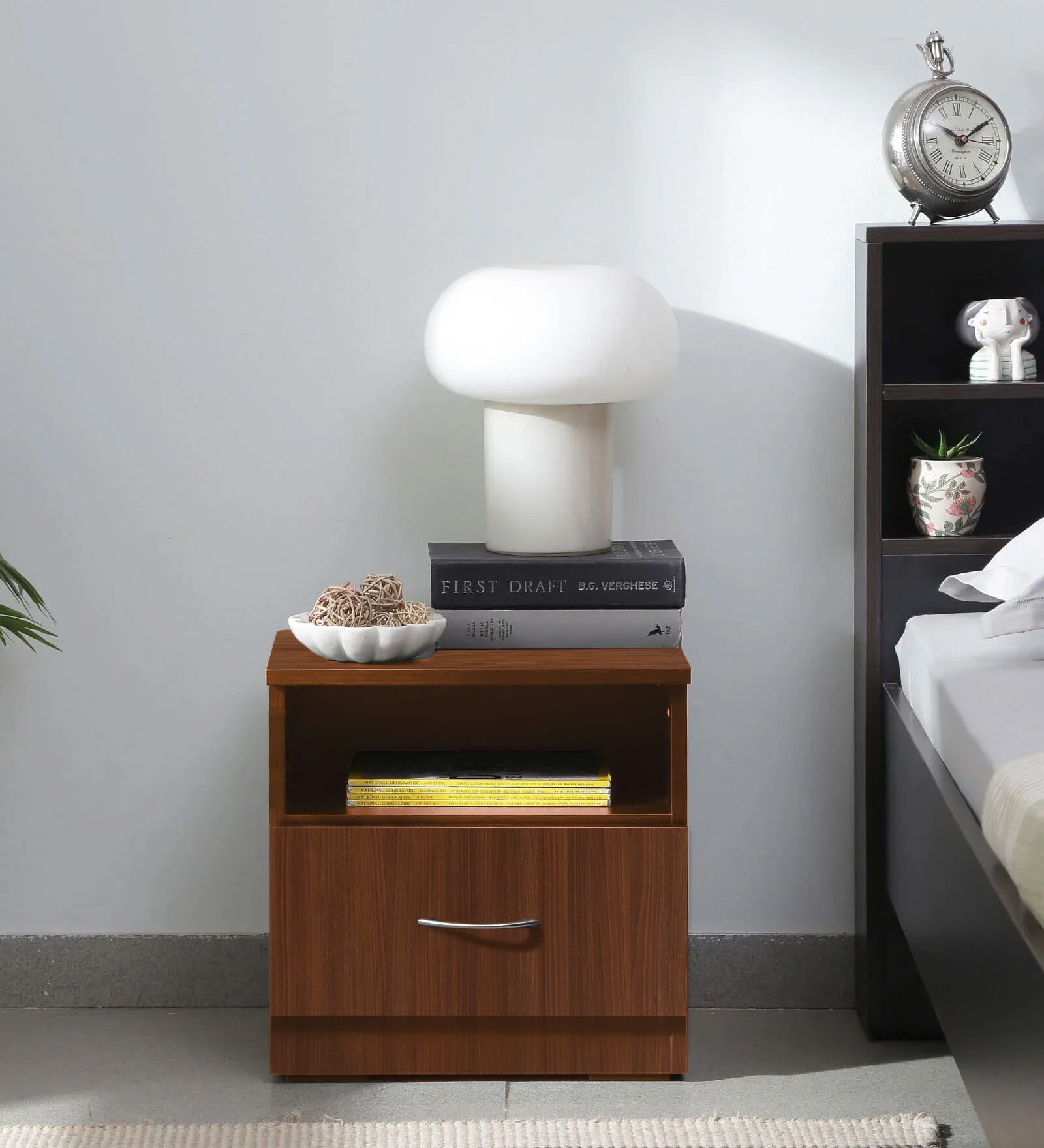 Kuruma Bedside Table in Planked Walnut Finish with Drawer