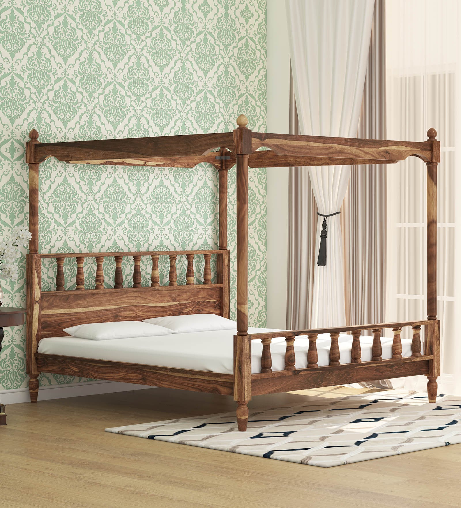 Buy Kush Solid Wood King Size Poster Bed in Rustic Teak Finish by