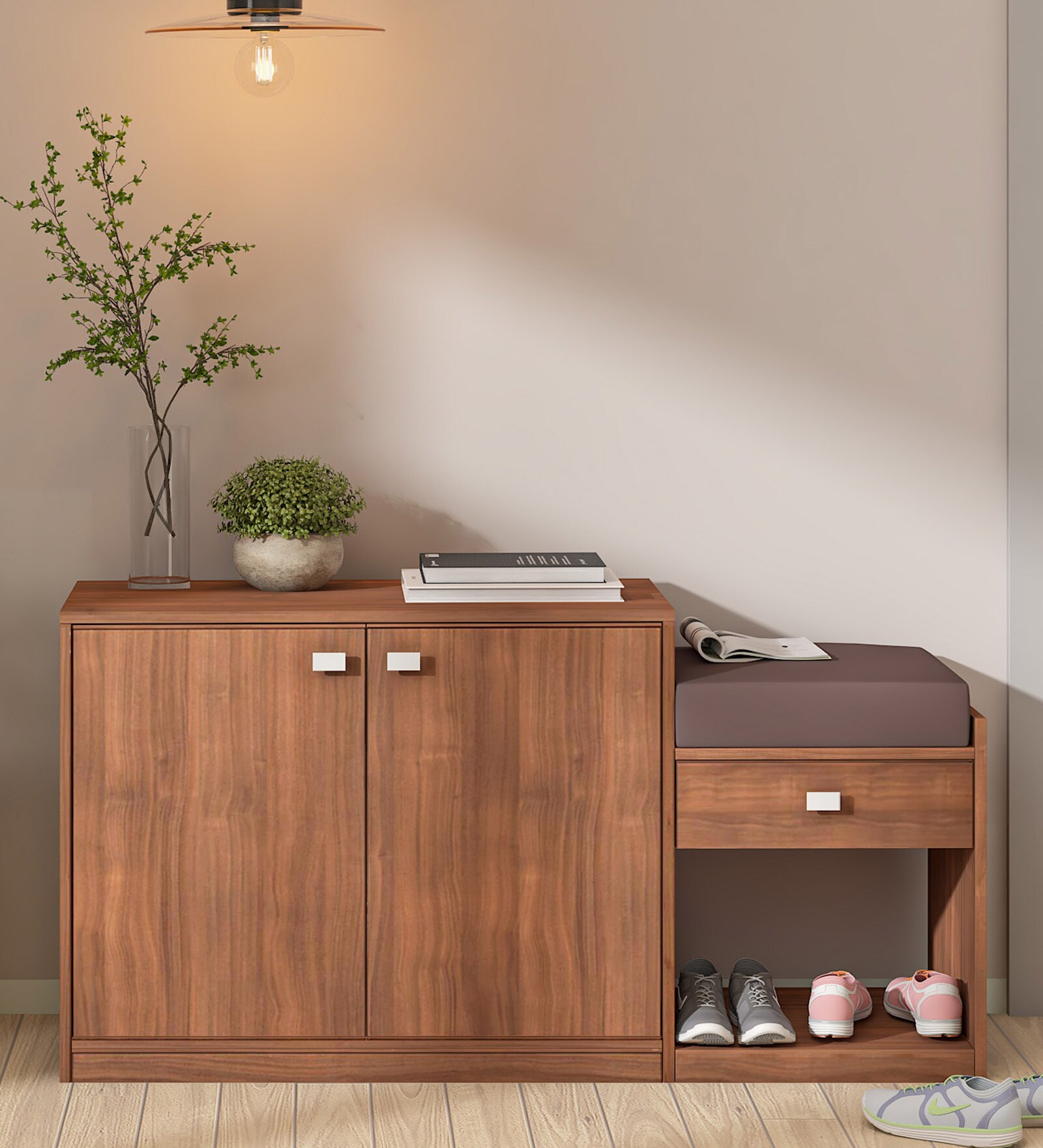 Kutsu Shoe Rack with Seating in Natural Teak Finish