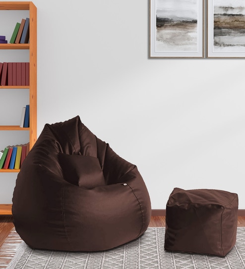 Kuma XXL Leatherette Bean Bag with Footstool and Cushion Filled with Beans In Brown Colour