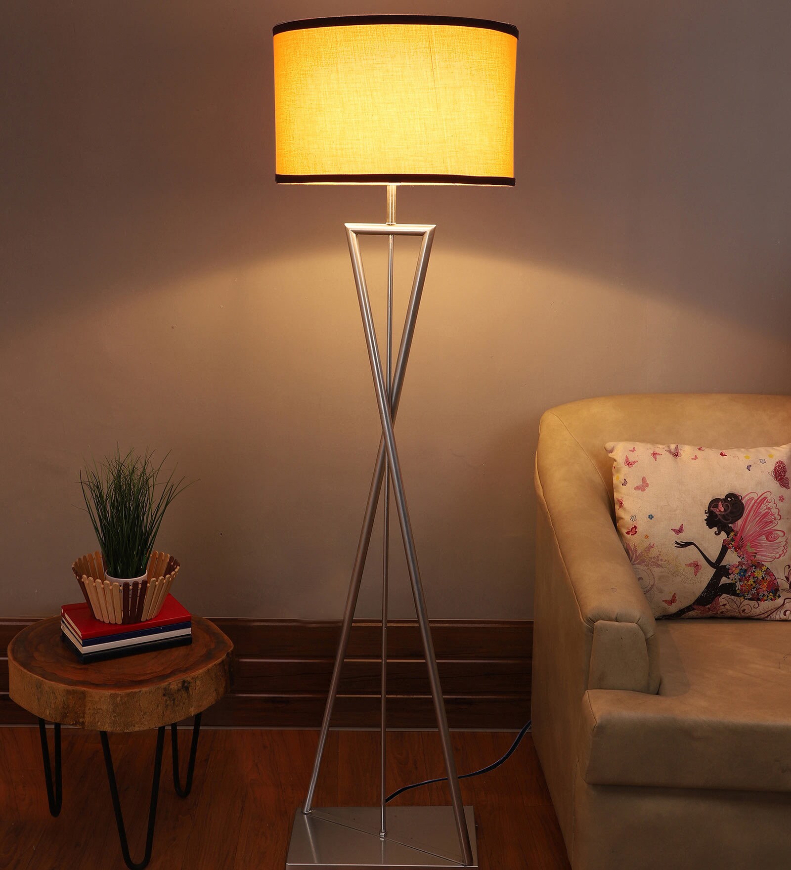 Kwan Orange Fabric Shade Floor Lamp with Silver Base