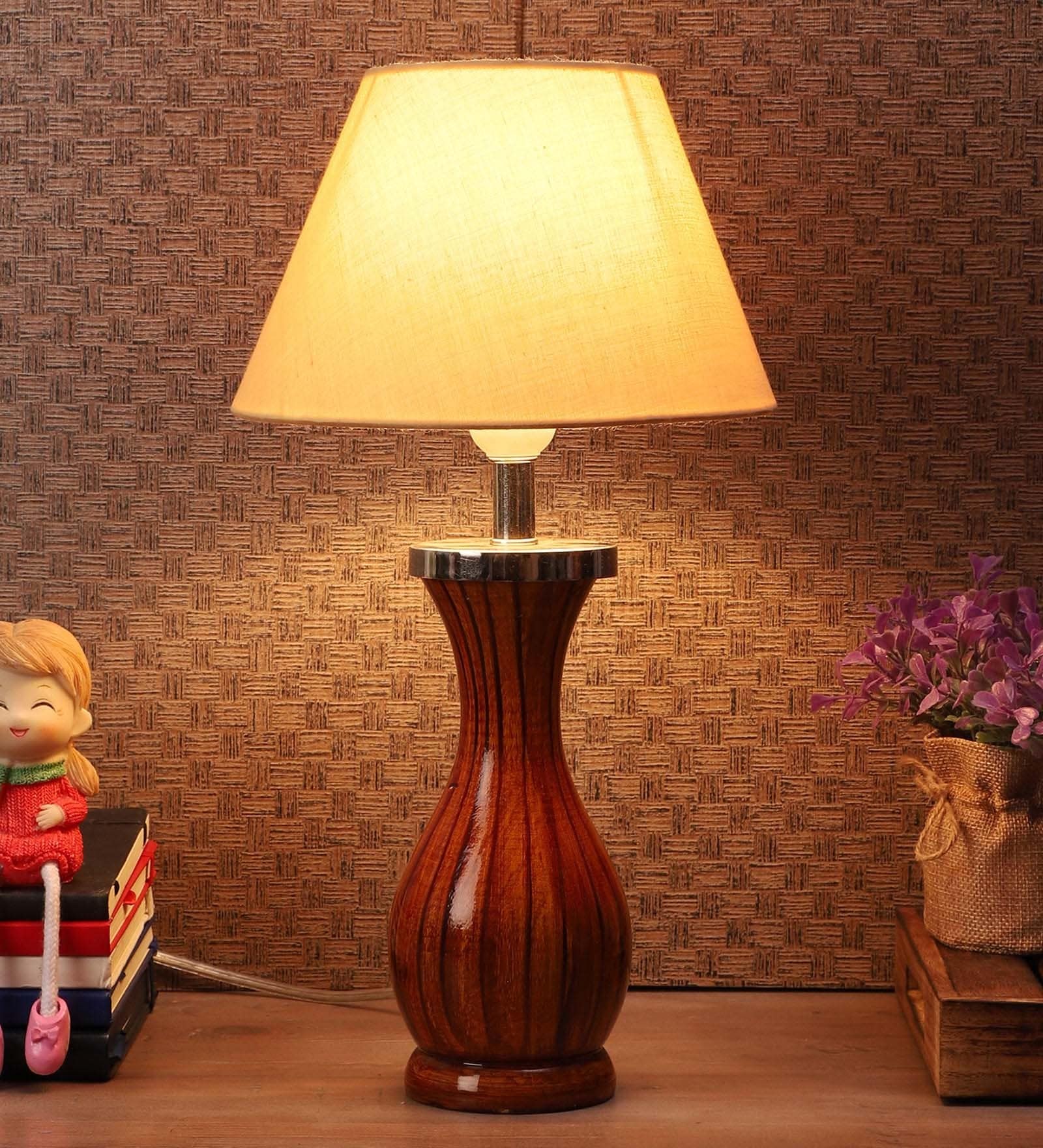 Kwan White Fabric Shade Table Lamp with Natural Base