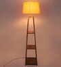 Inverted Beige Fabric Shade Shelf Floor Lamp With Wood Base