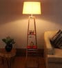 Inverted Beige Fabric Shade Shelf Floor Lamp With Wood Base