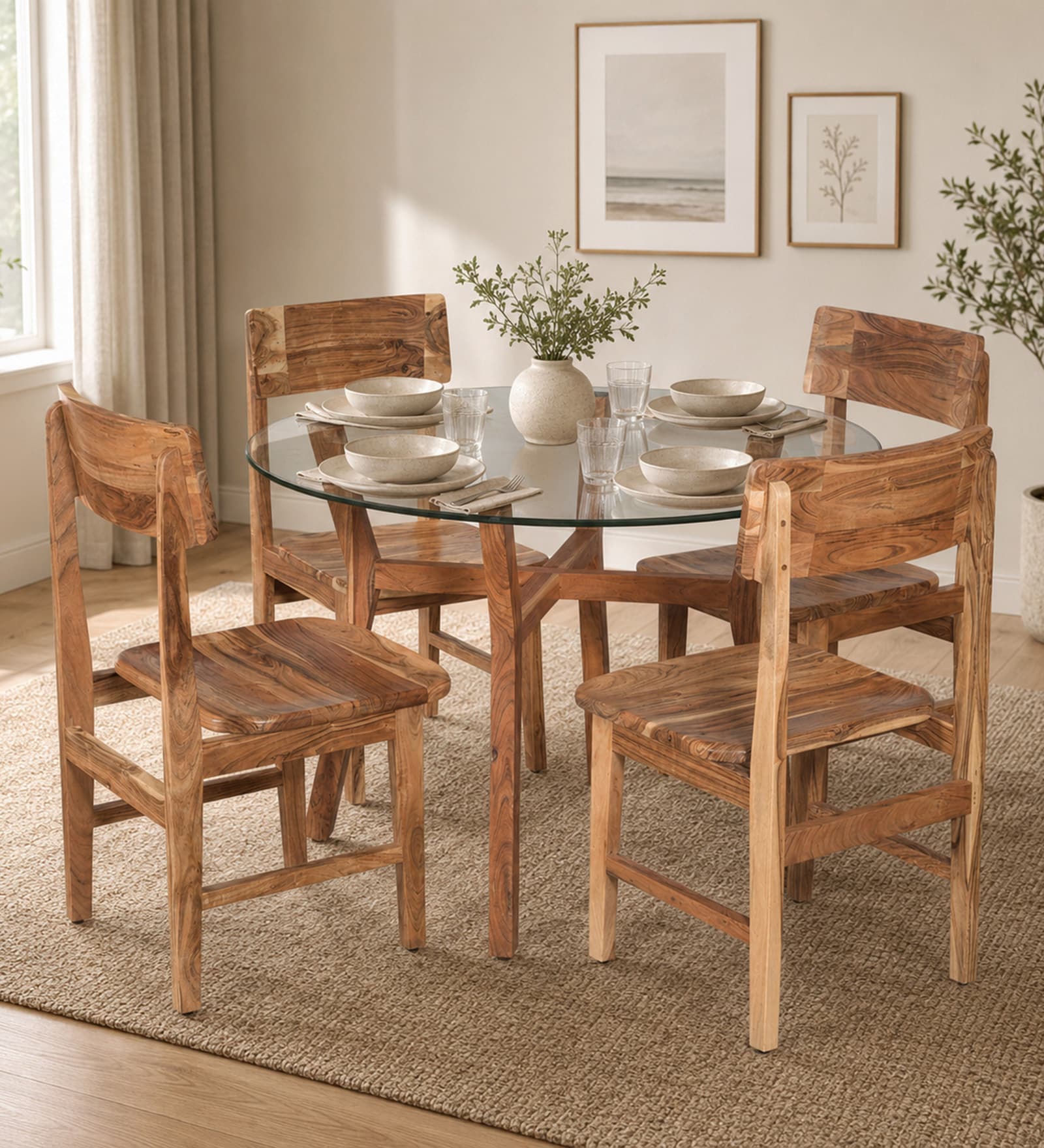 Kylie Acacia Wood 4 Seater  Round Dining Set with glass top In Natural Finish