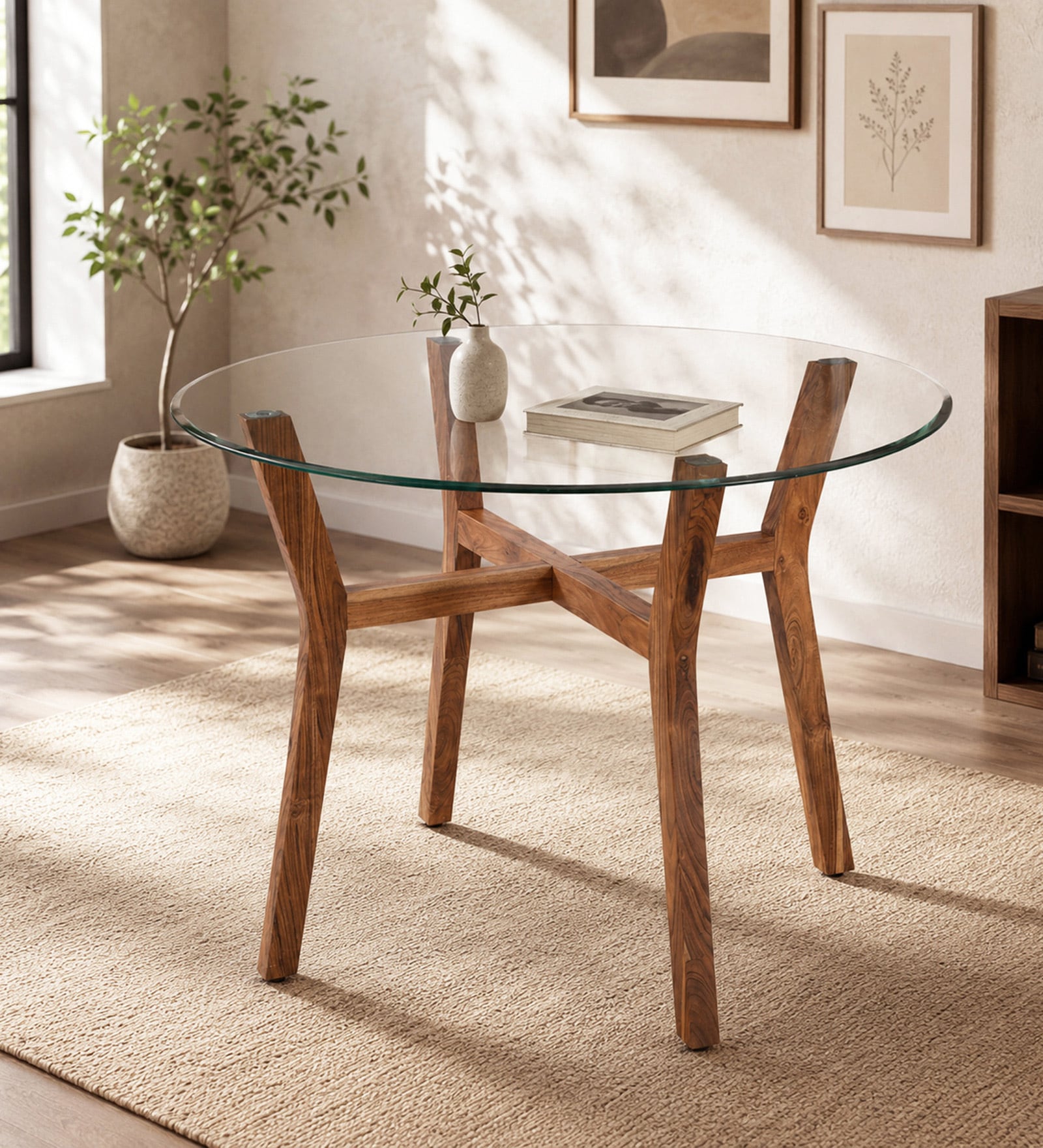 Kylie Acacia Wood 4 Seater  Round Dining Table with glass top In Natural Finish