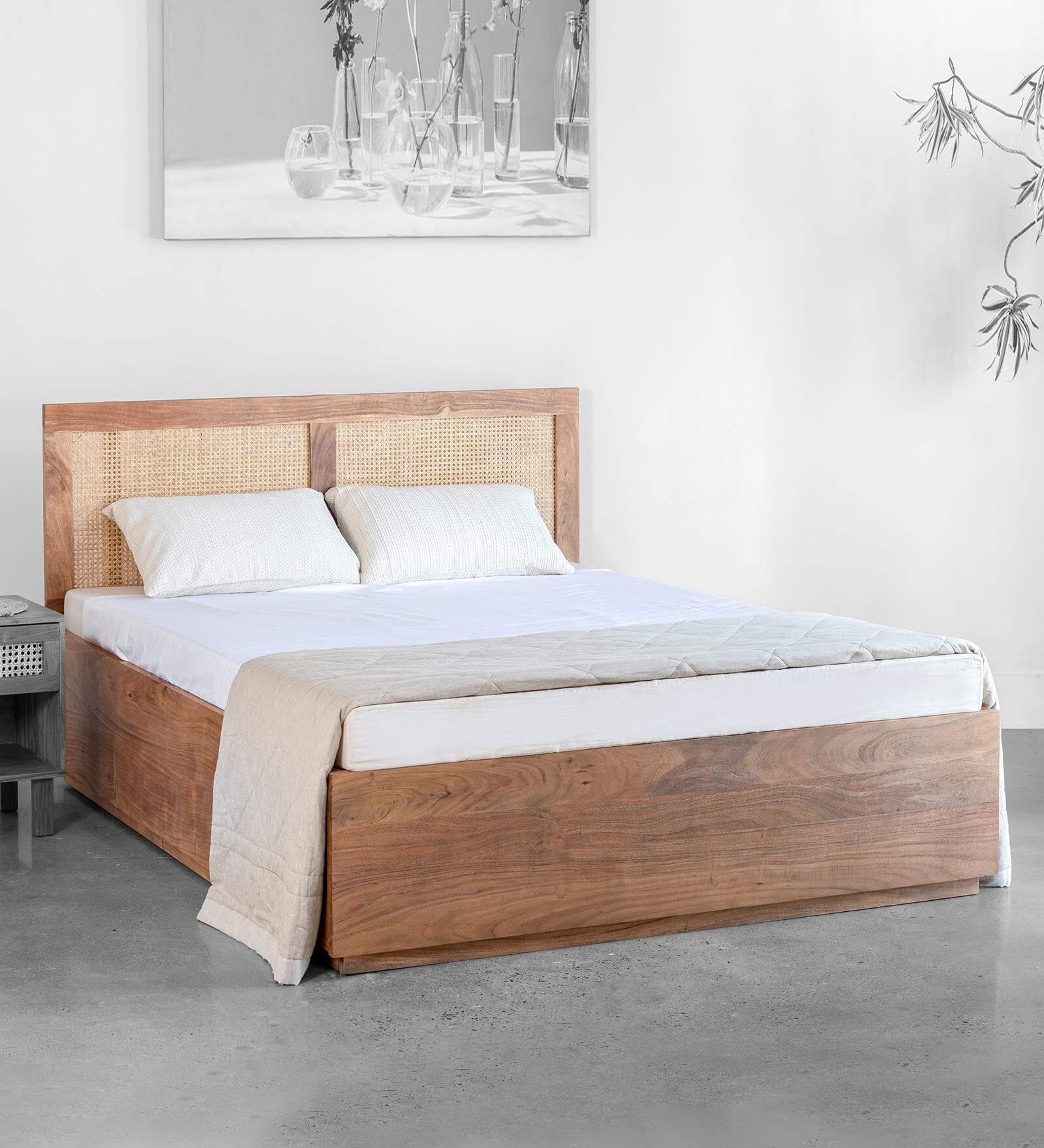 Kyoto Queen Size Bed With Hydraulic Storage In Natural Finish