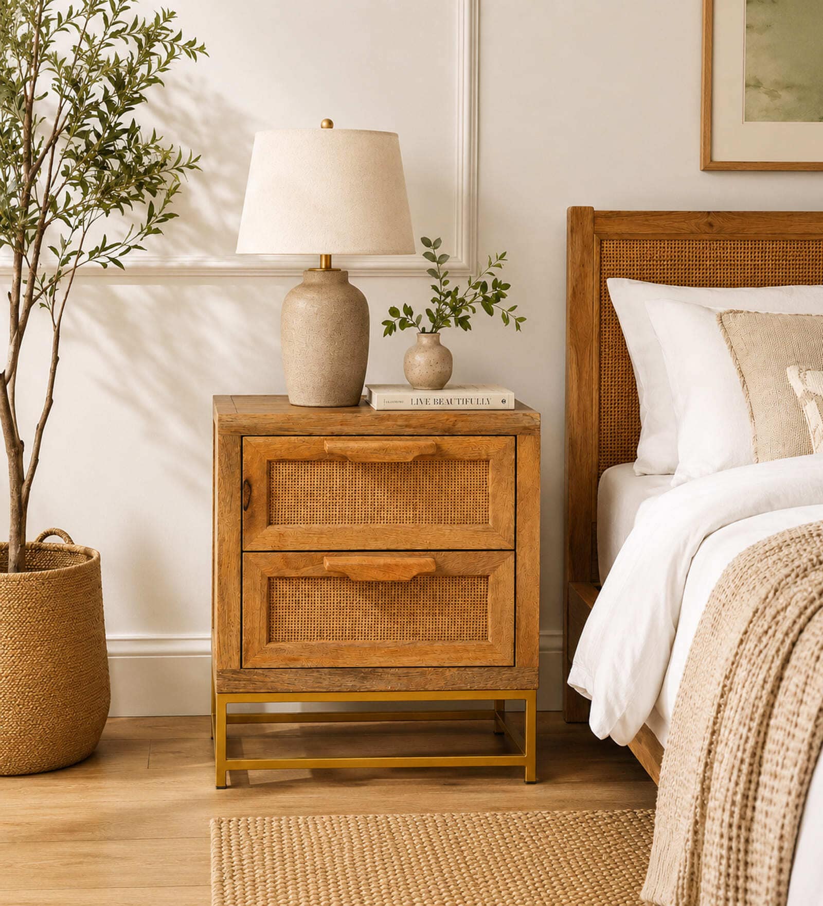 Kyraa Solid Wood & Cane Bedside Table In Natural Finish Kyraa Solid Wood & Cane Bedside Table In Natural Finish