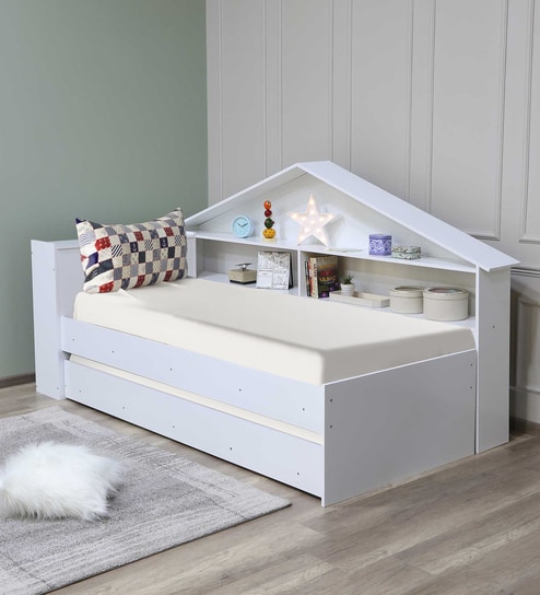 Kyle Single Bed With Trundle And Shelves Storage In White Finish By Casacraft