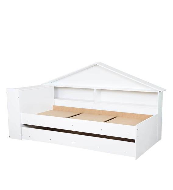 Buy Kyle Single Bed with Trundle and Shelves Storage in White Finish CasaCraft By Pepperfry