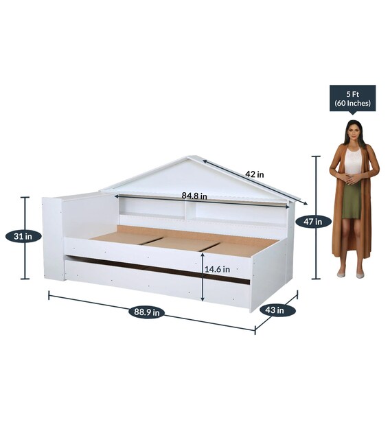 Buy Kyle Single Bed with Trundle and Shelves Storage in White Finish