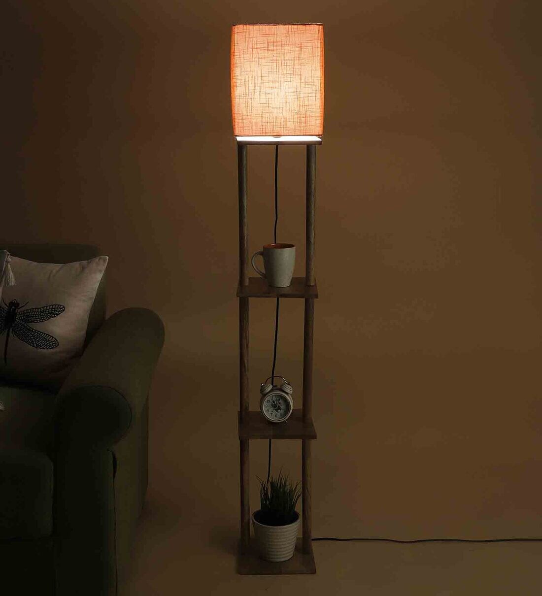 Buy Ladder Lamp In Solid Wood In Natural Finish With Orange Shade By