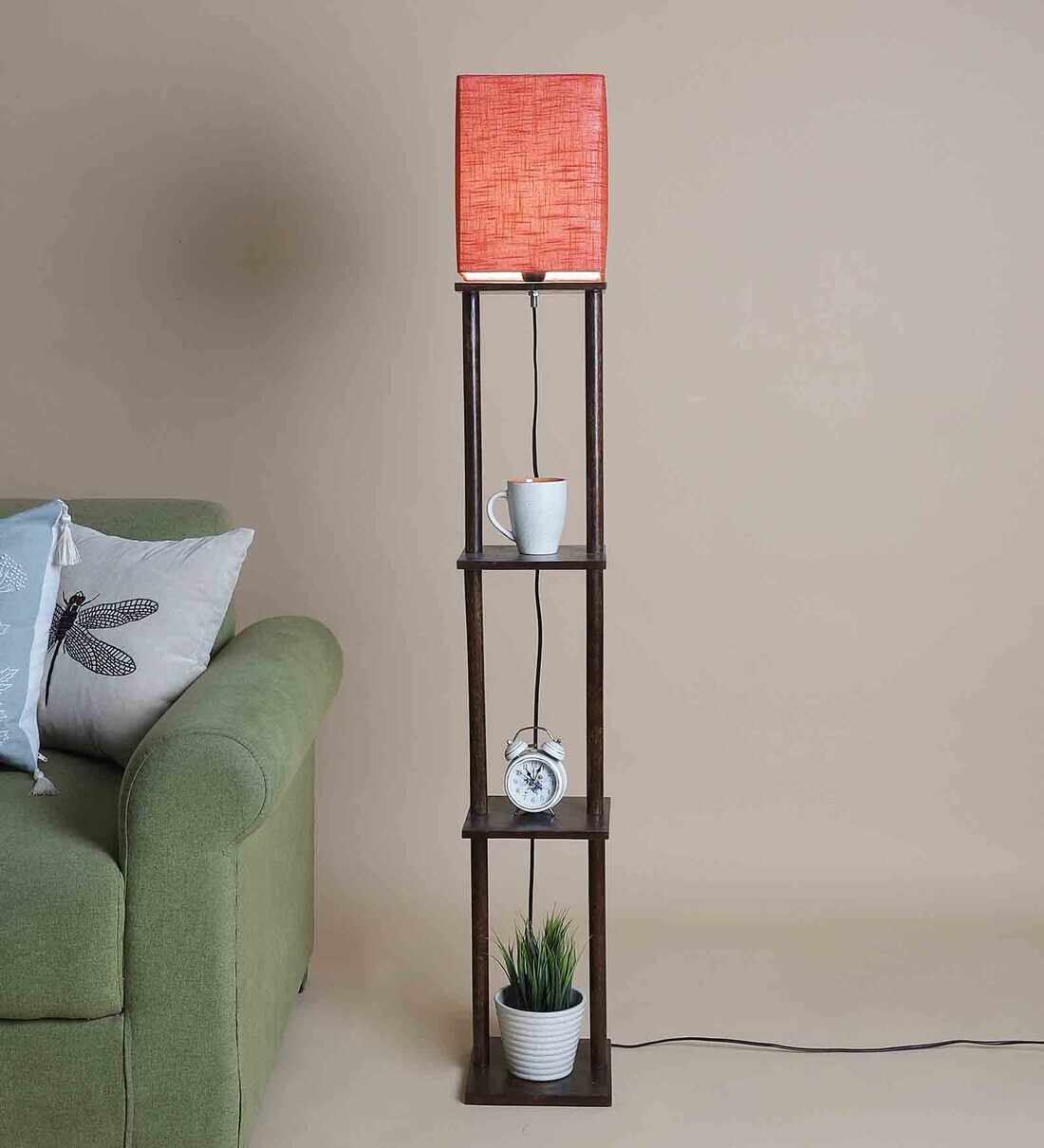 Buy Ladder Lamp In Solid Wood Walnut Polish With Red Shade By Sanded
