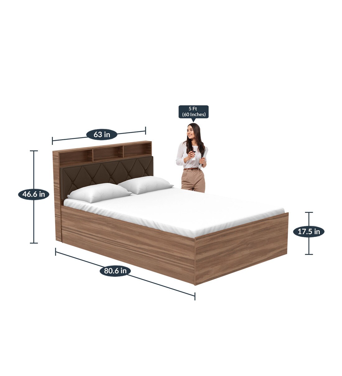 Buy Lattice Queen Size Bed with Box Storage in Dark Brown Colour by