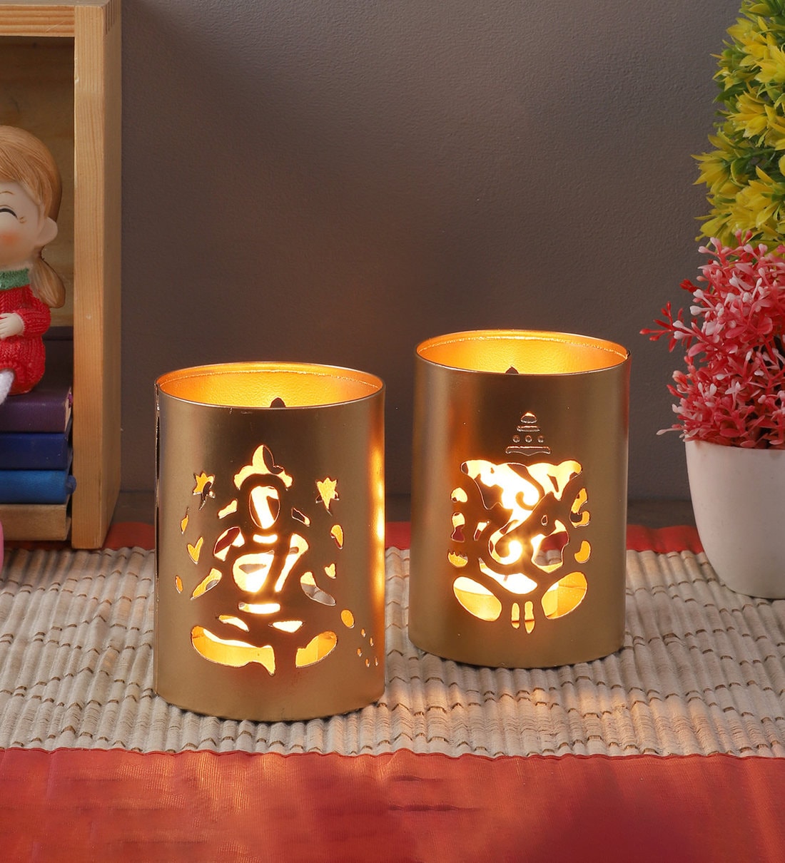 Buy Laxmi Ganesh Set Of 2 Gold Metal Table Tea Light Holder at 28 OFF