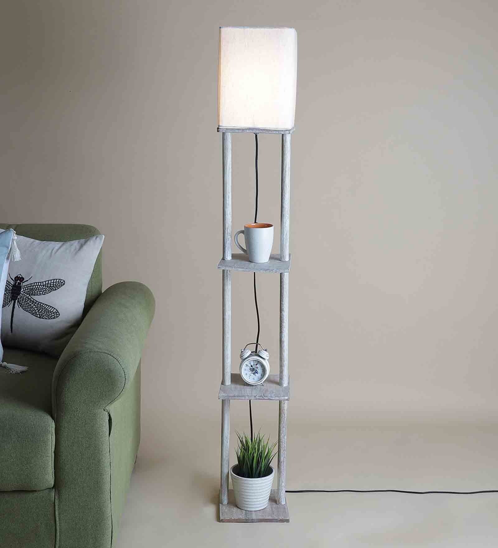 Ladder Lamp In Solid Wood In Antique White Finish With Off White Shade