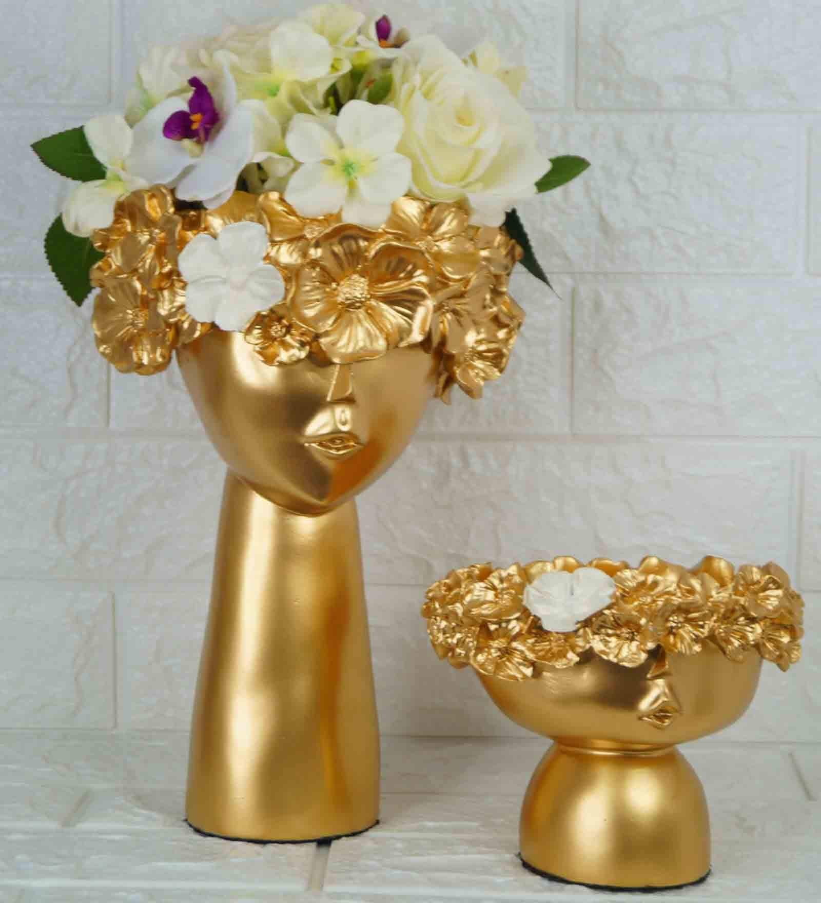 Lady Flower Pot Gold Polyresin Figurine (Set Of 2)