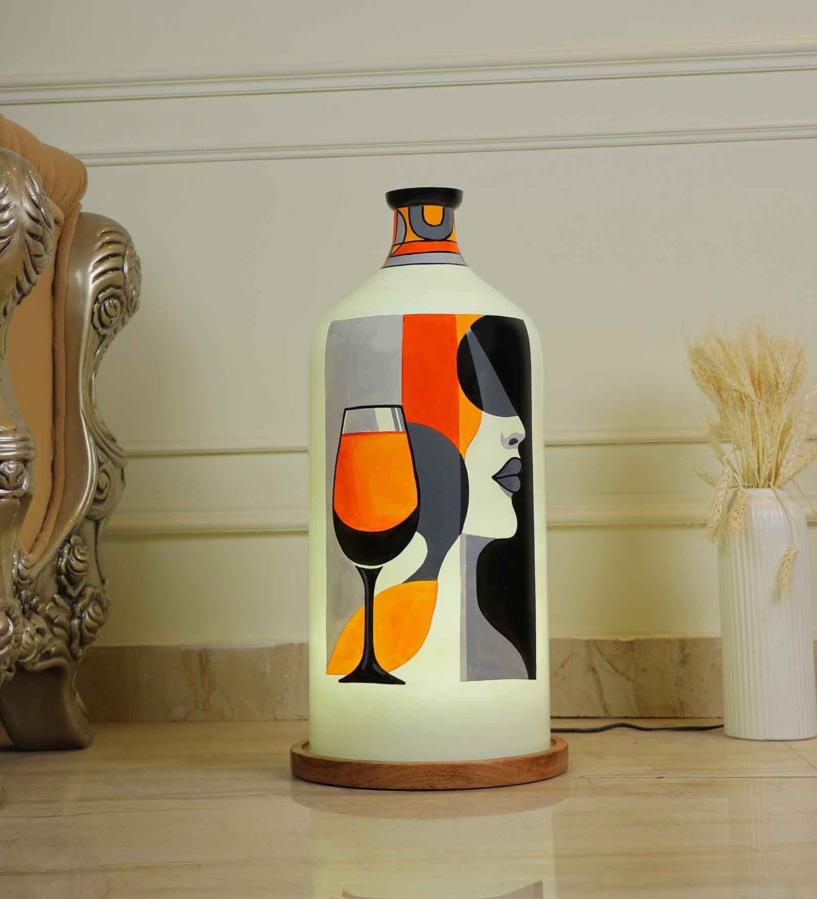 Lady Sparkling Glass Hand Painted White Glass Shade Table Lamp