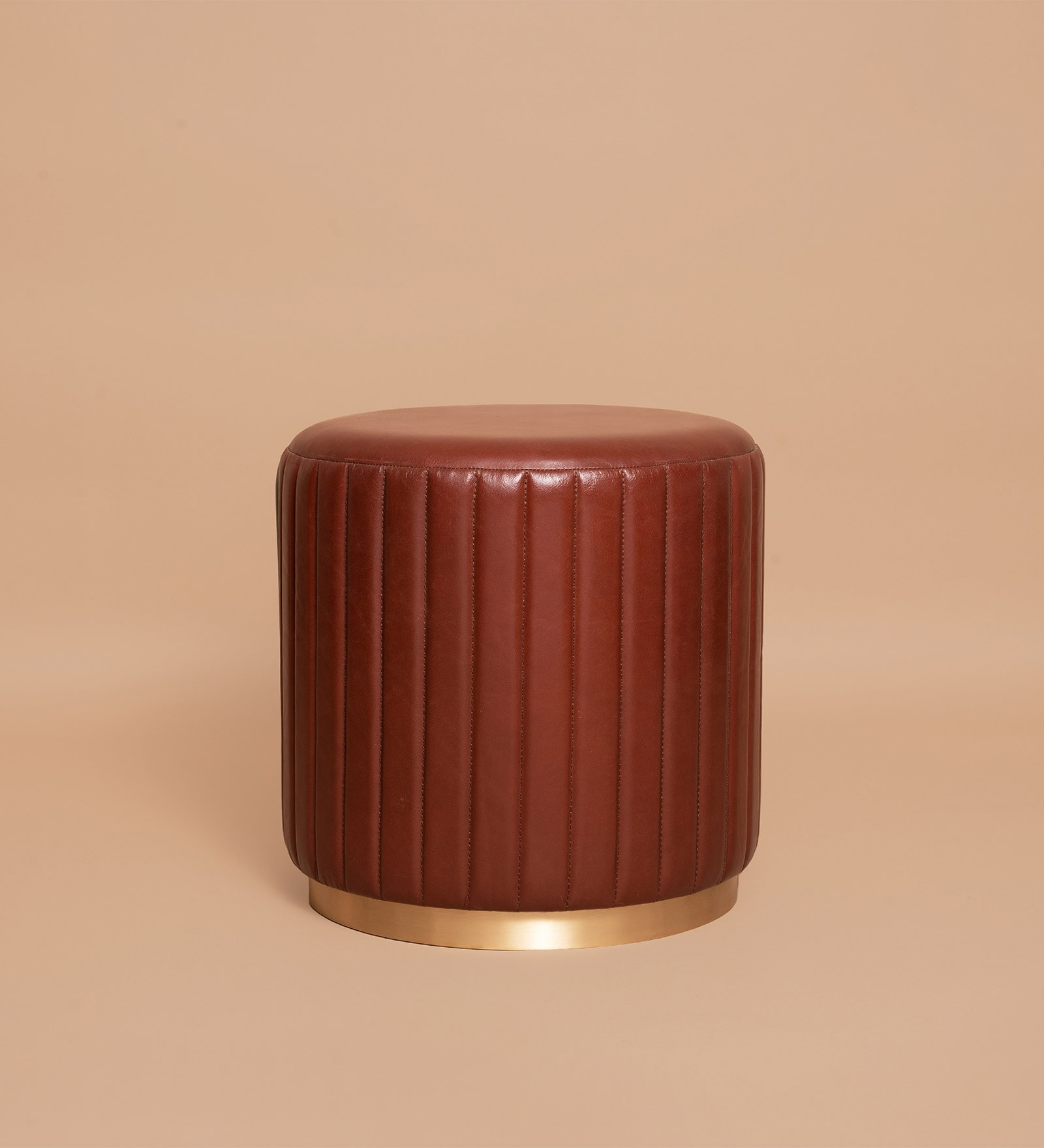 Leather Round Pouffe In Cognac Color