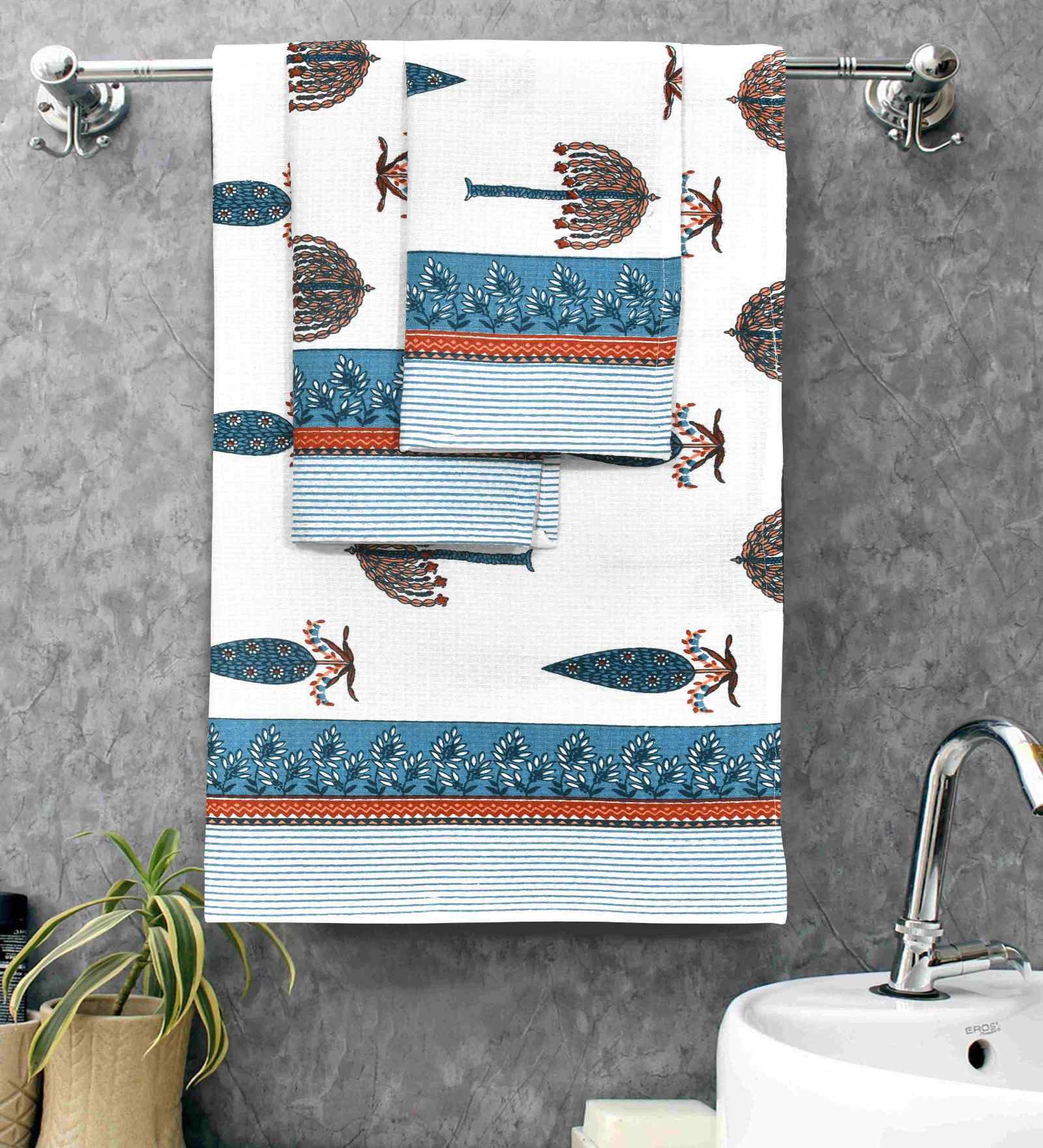 Lagoon Madhuban Floral Waffle Cotton 250 GSM Bath & Hand Towel Set