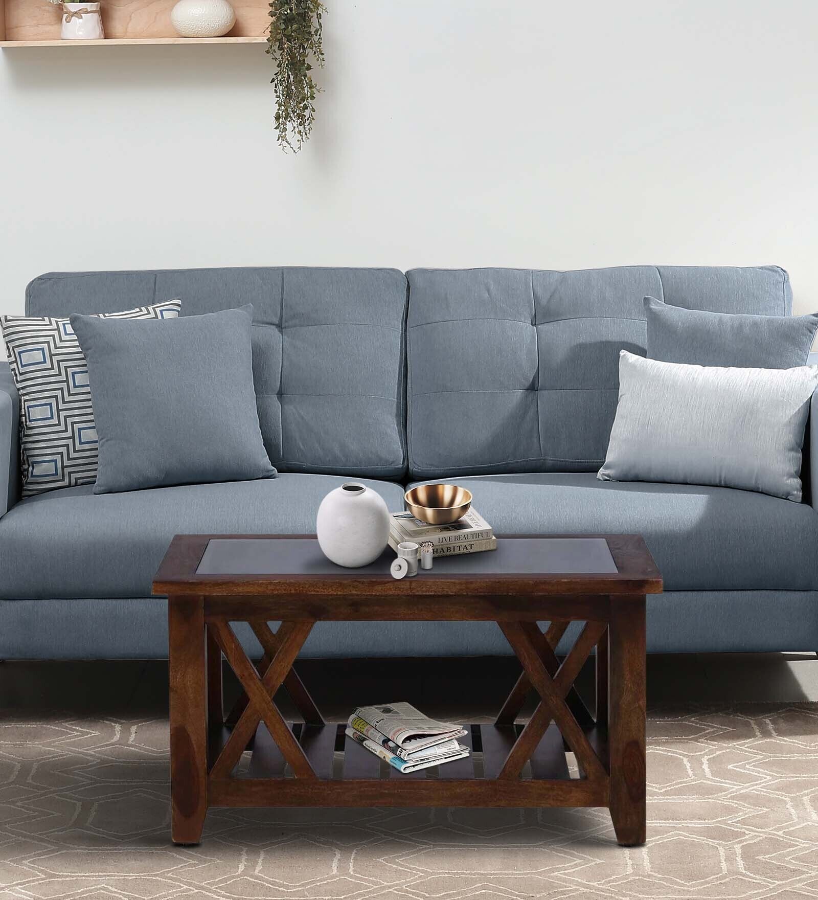 Lagos Z Sheesham Wood L Coffee Table in Scratch Resistant Provincial Teak Finish With Glass Top