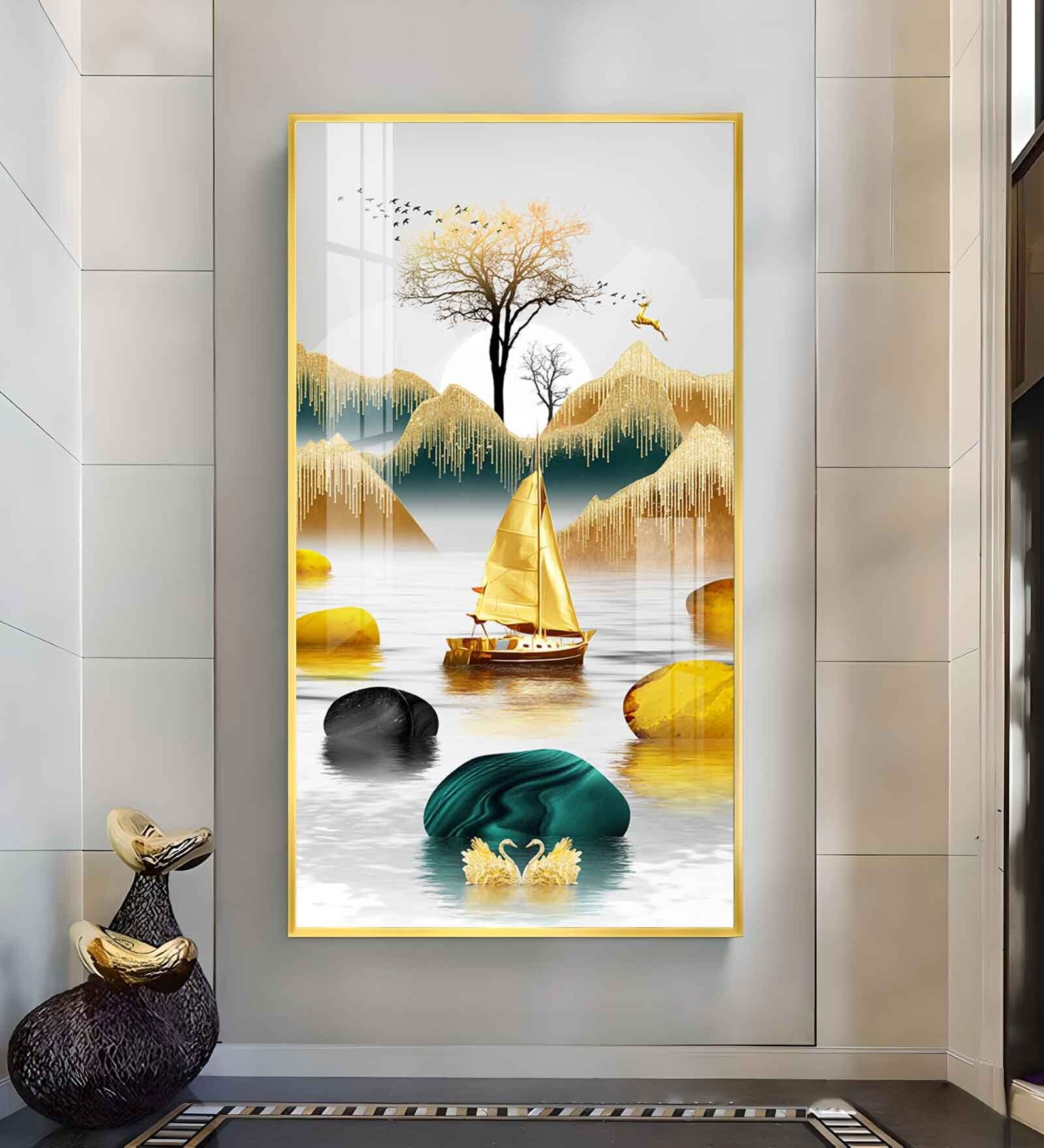 Lakeside Elegance Glass Finish Vertical Wall Art