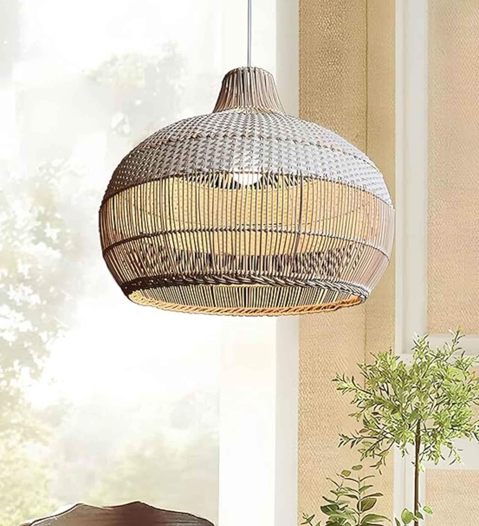 Laksh Handmade Rattan Cane Pendant Hanging Light (White & Natural)