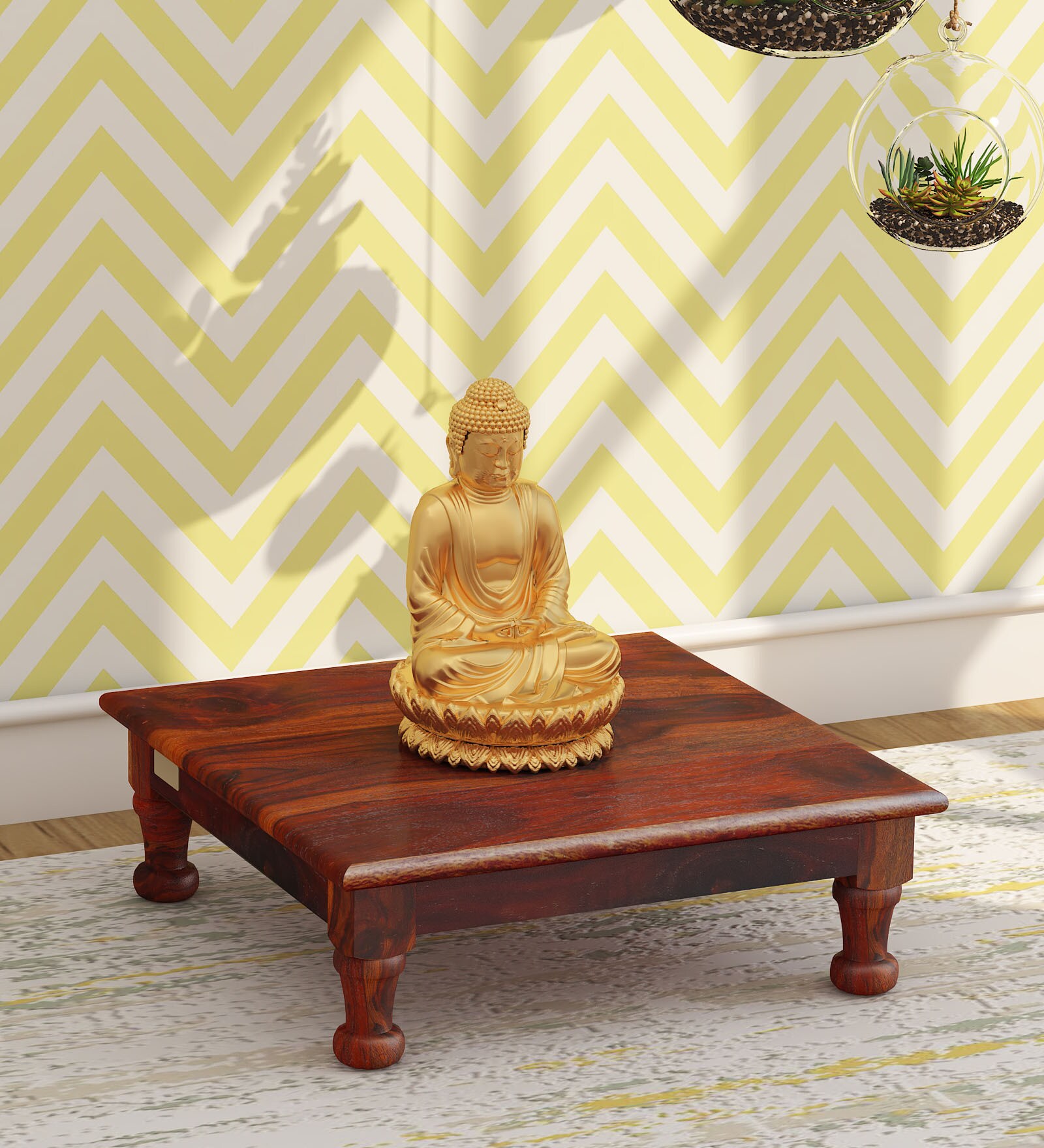 Lakshya Solid Wood Pooja Chowki in Honey Oak Finish