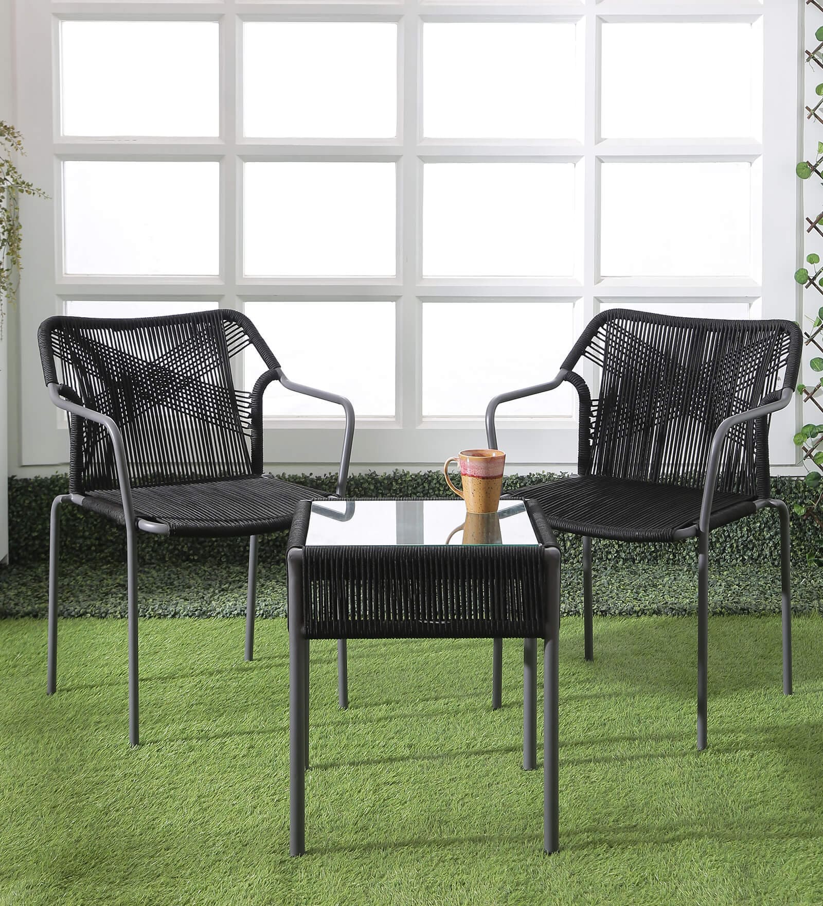 Lanai Steel & Braided Rope Table And Chair Sets In Black Grey Finish