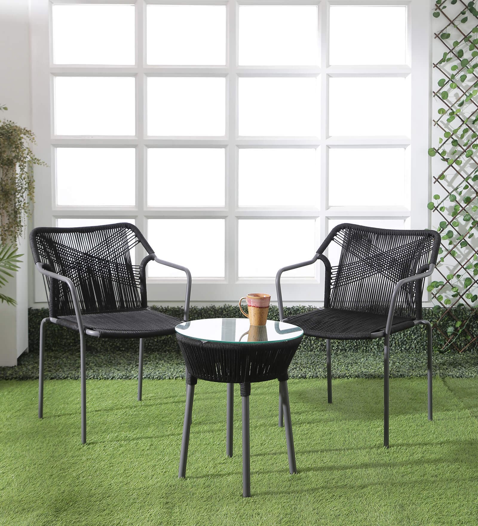 Lanai Steel & Braided Rope Table And Chair Sets In Black Grey Finish