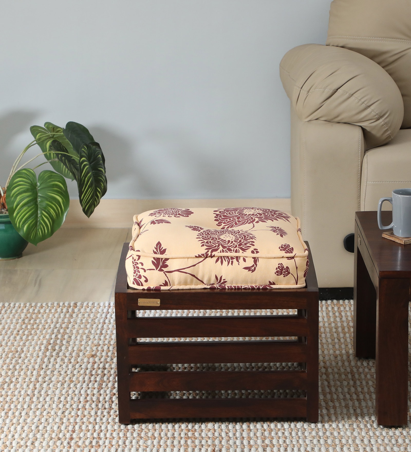 Landen Sheesham Wood Stool In Scratch Resistant Walnut Finish With Floral Print