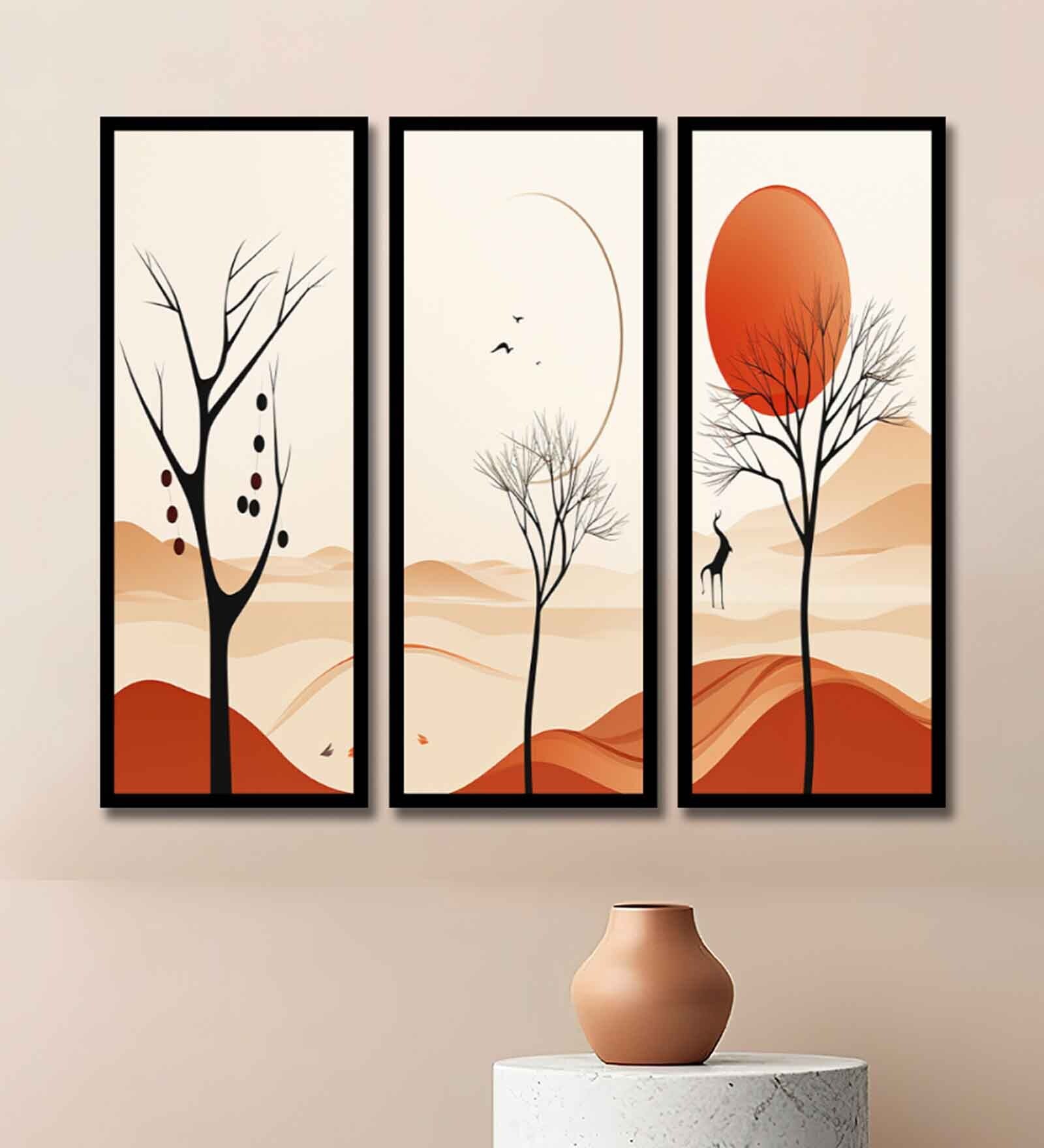 Landscape Nature Set Of 3 Multicolour Engineered Wood Wall Art Prints