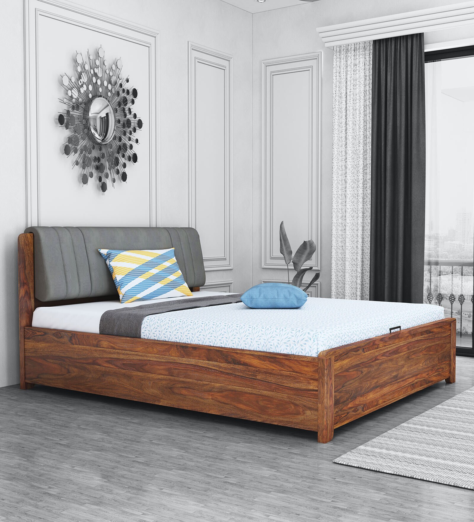 Lannister Grey Queen Hydraulic Storage Bed in Brown Colour