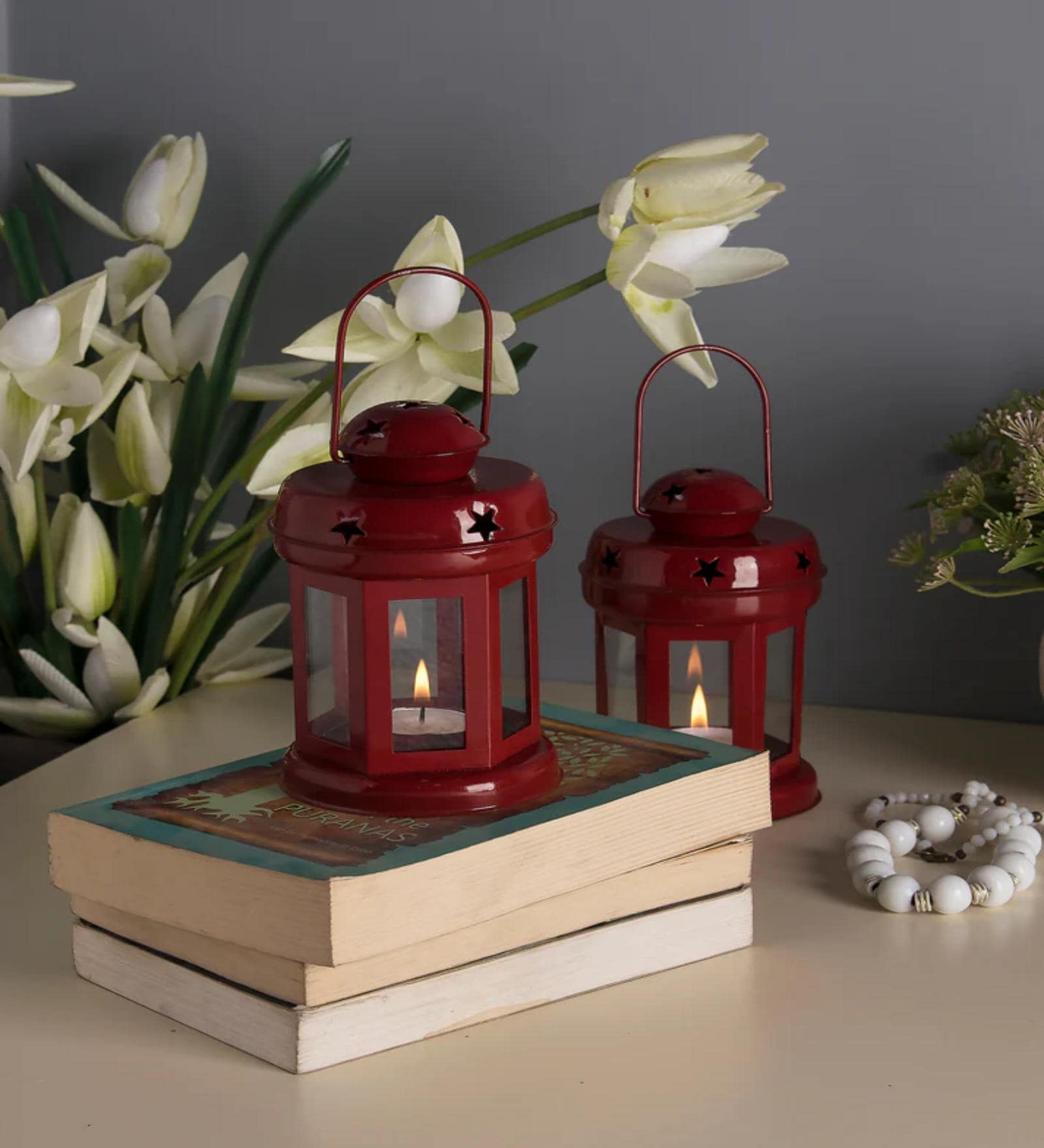 Red Lantern Iron Hanging T- Light Holder (1Pc)