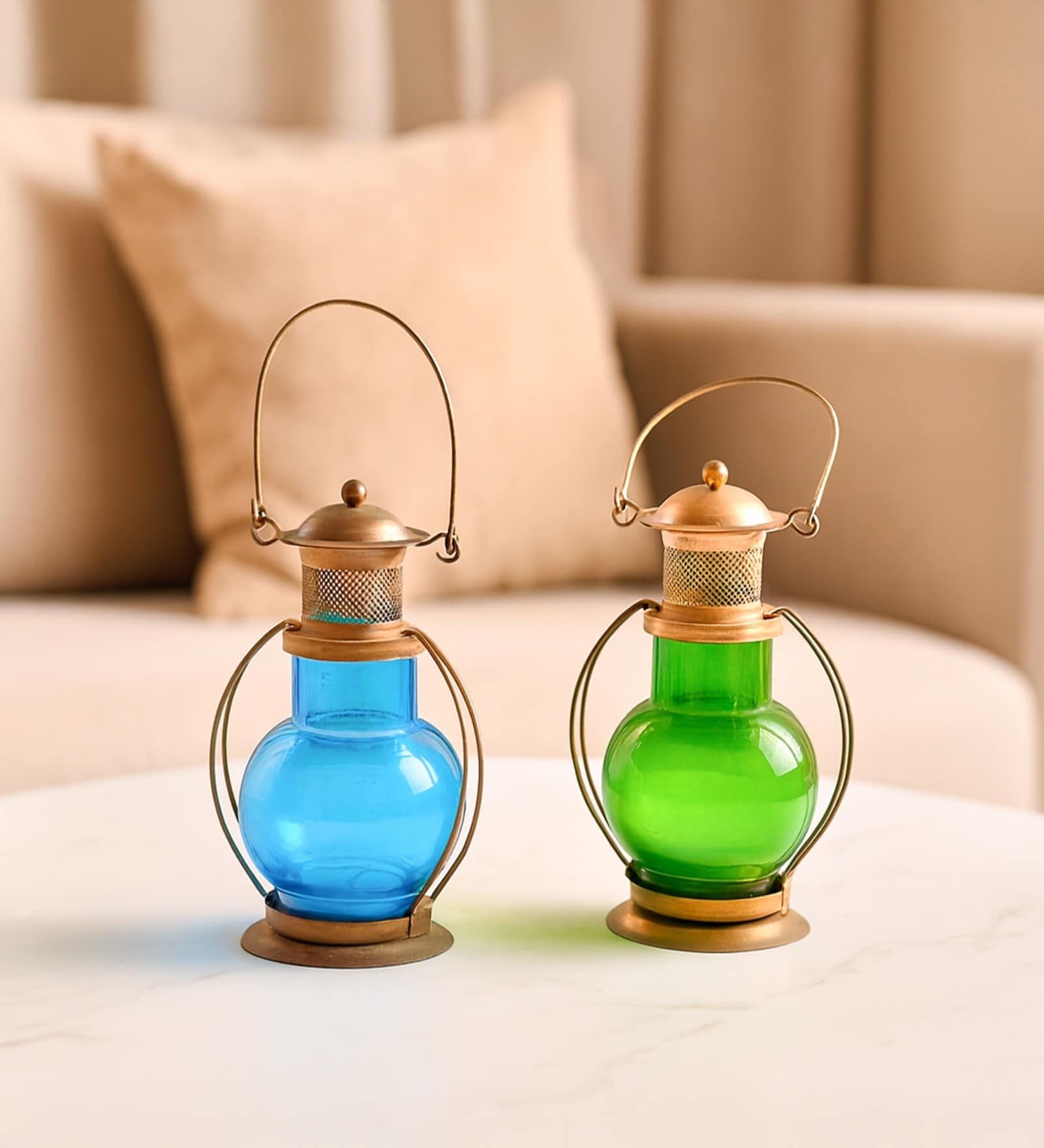 Blue & Green Metal Lantern Candle Holder Set Of 2