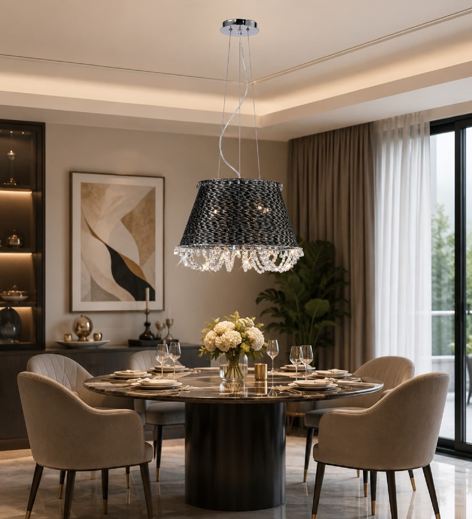 Lanzo Crystal Beaded Pendant Chandelier   Black & Chrome Finish
