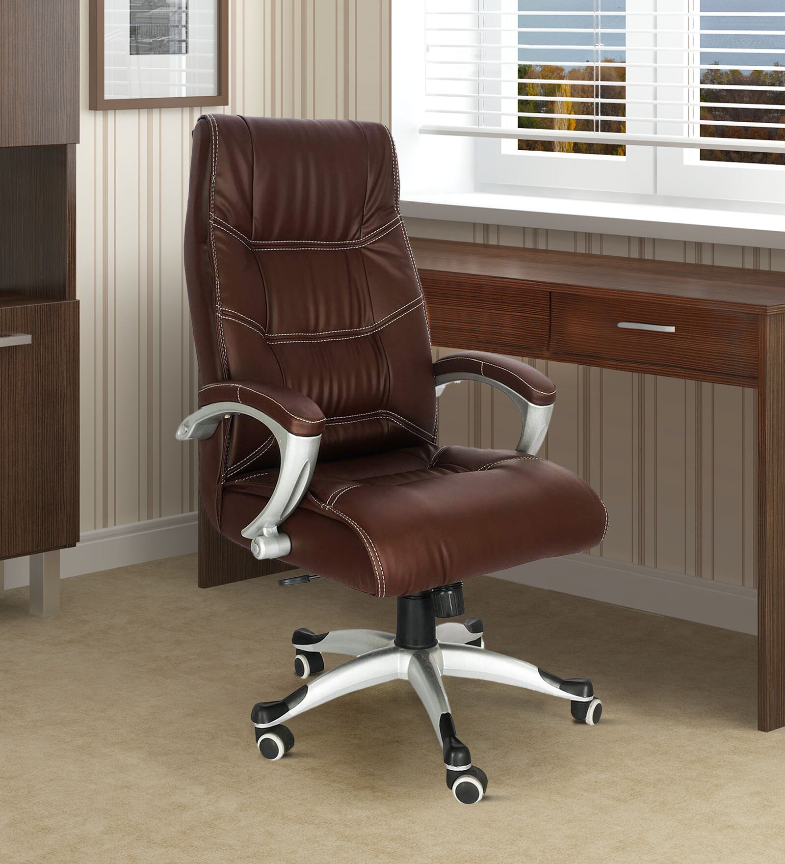 Lape Leatherette Ergonomic Chair in Brown Colour