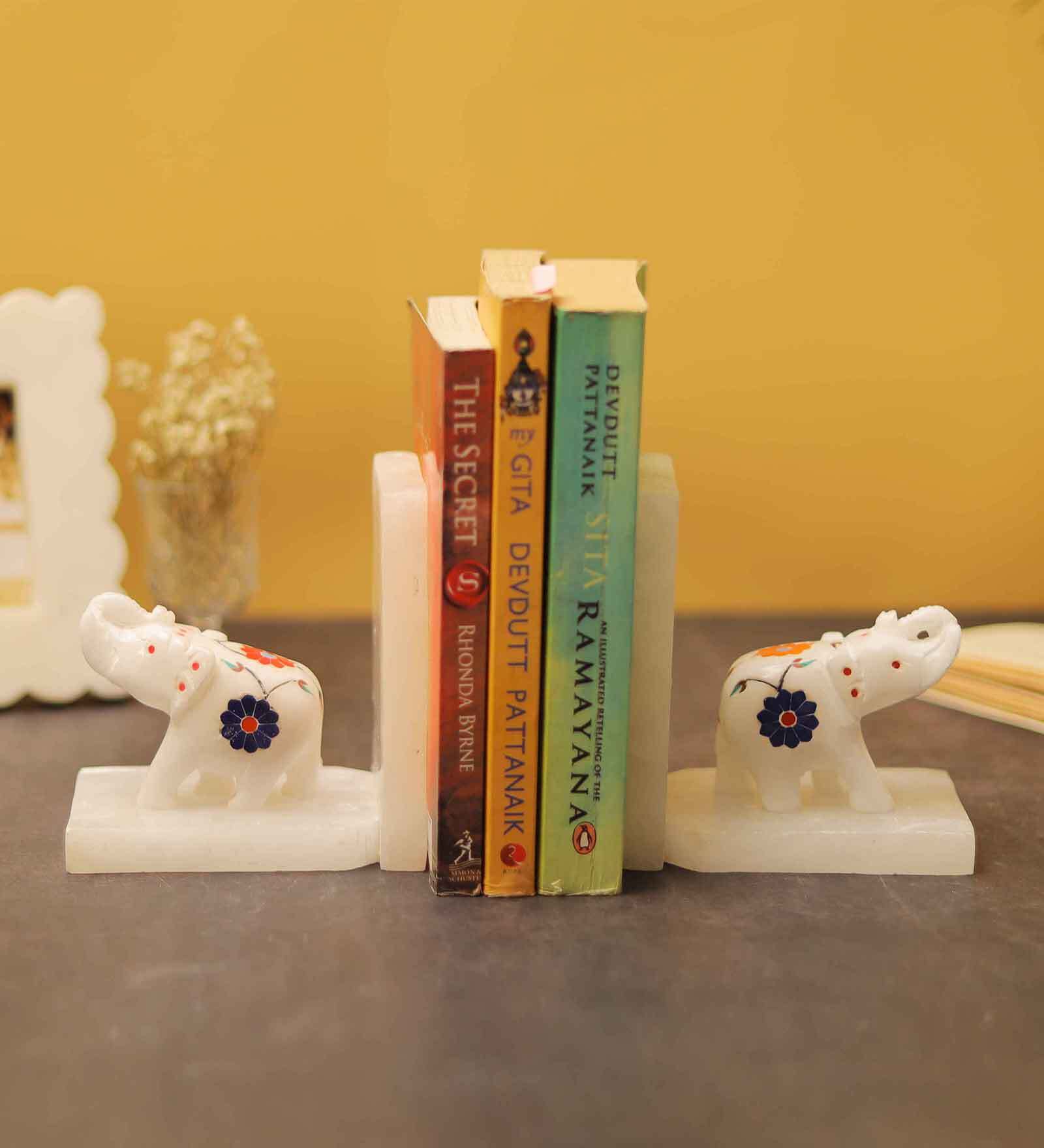 Lapis Lazuli Elephant Set Of 2 White Marble & Semi Precious Stone Bookends